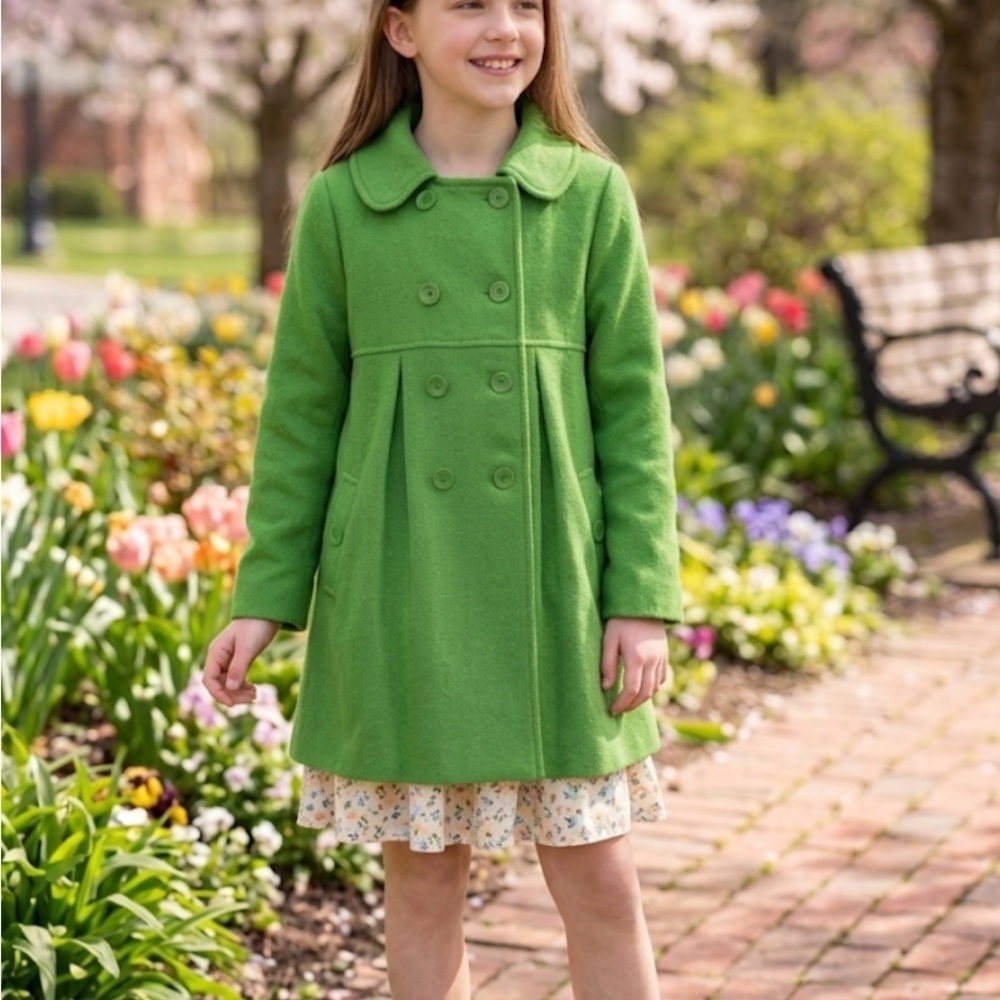 Gap Girls Wool Blend Pea Coat L Apple Green Peter Pan Collar Retro - Picture 11 of 11